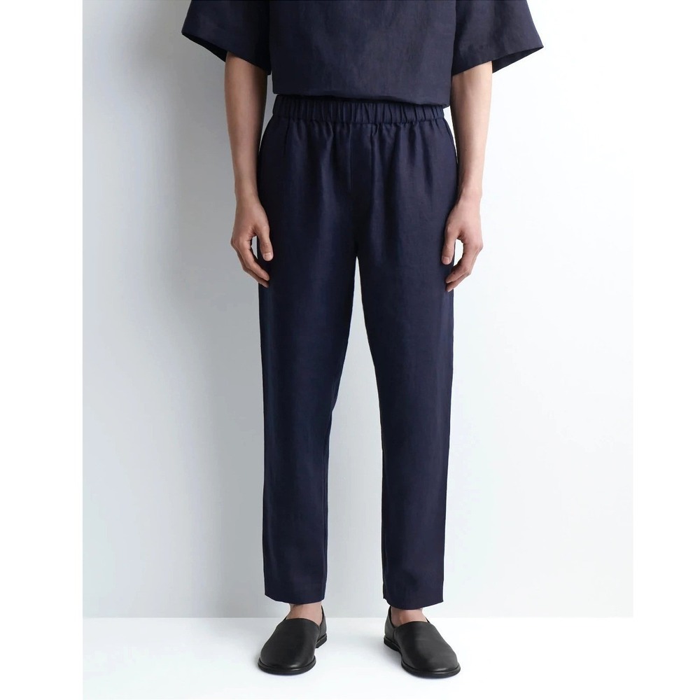 COS Linen Blend Denim Chambray Easy Pant Men M EU 48 Dark Blue Elasticized Waist